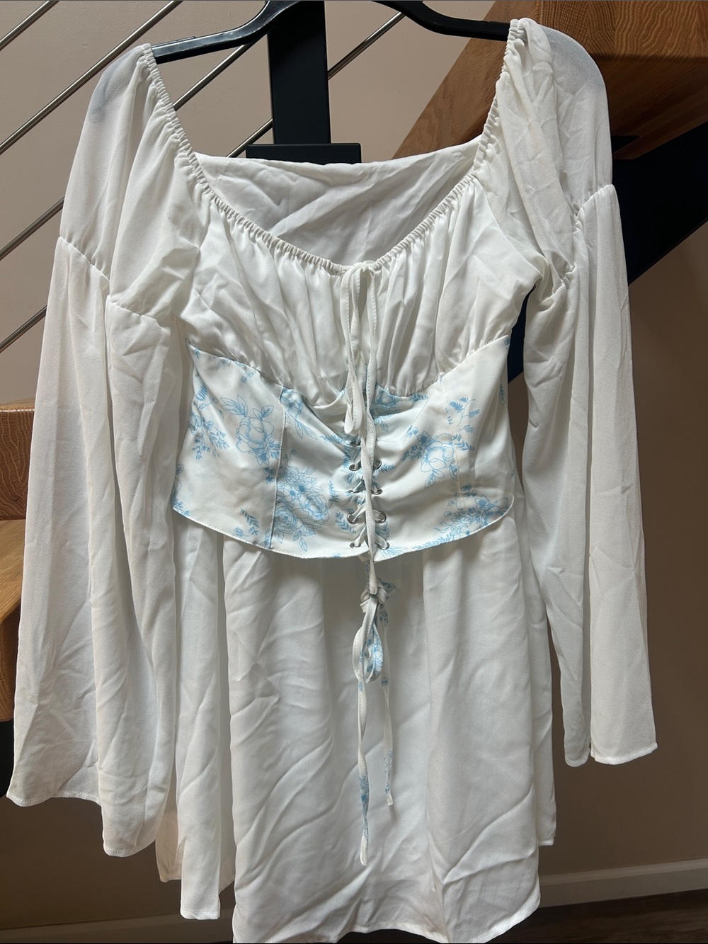 Cider White Long Sleeve Peasant Dress with Light Blue Floral Corset E 007